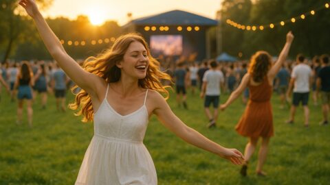 Joyful Woman Dancing at Outdoor Festival