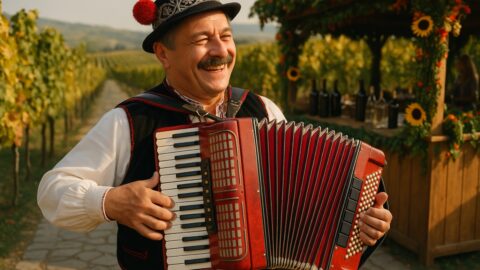 Smiling Accordion Player in Vineyard Festival