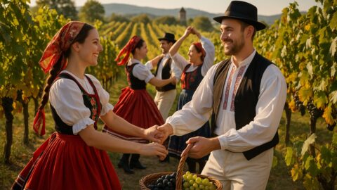 Traditional Grape Harvest Dance in Vineyard