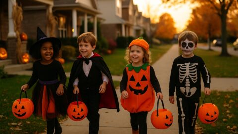 Children Trick or Treating at Sunset