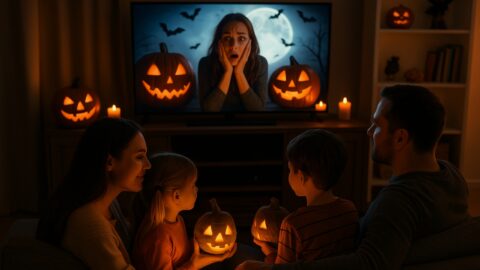 Family Watching Halloween Movie Night