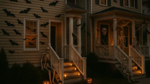 Halloween House with Skeleton Decorations