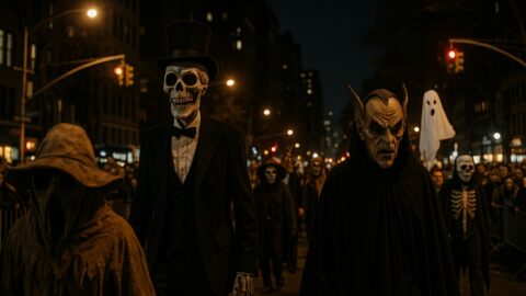 Halloween Parade with Skeletons and Monsters