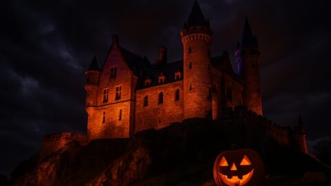 Haunted Castle with Glowing Pumpkin