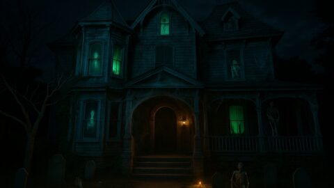 Haunted House with Ghostly Green Lights