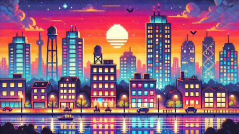 Colorful Pixel City Sunset Skyline