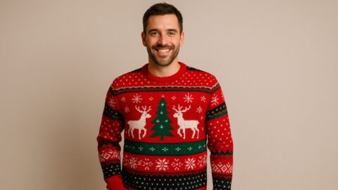 Man in Festive Red Christmas Sweater