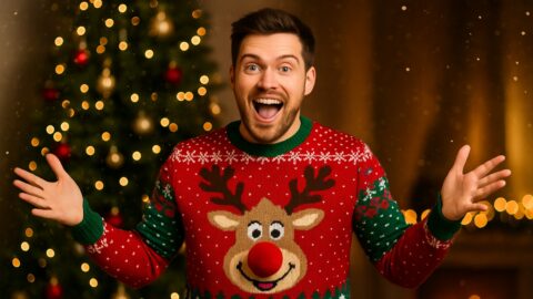 Man in Reindeer Christmas Sweater Smiling