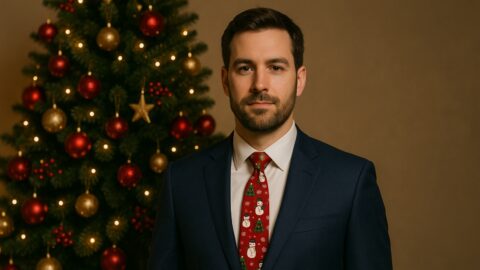 Man in Suit Posing Beside Christmas Tree
