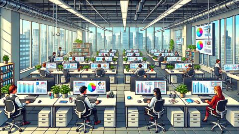 Modern Pixel Office with Busy Workstations