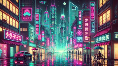 Neon Cyberpunk Street with Towering Skyscrapers