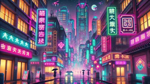 Neon Lit Cyberpunk Street at Night