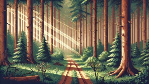 Sunlit Path Through Pixel Forest
