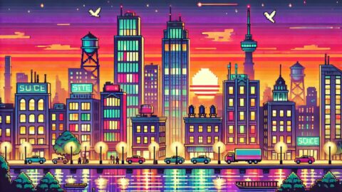 Vibrant Pixel City at Sunset