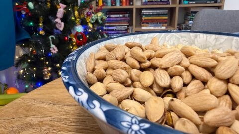 Bowl Of Almonds On Festive Holiday Table