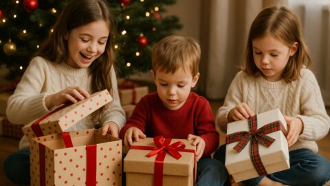 Children Opening Christmas Gifts Together