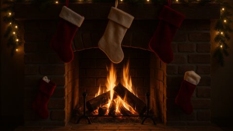 Christmas Fireplace With Stockings and Warm Lights