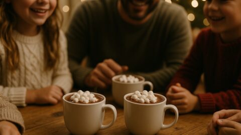 Family Enjoying Hot Chocolate at Christmas