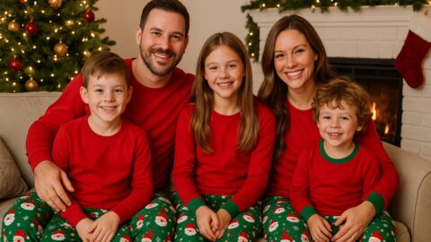 Family Wearing Matching Christmas Pajamas at Home