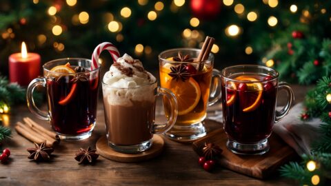 Festive Christmas Hot Drinks on Wooden Table
