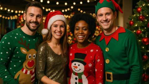 Friends Wearing Festive Christmas Sweaters