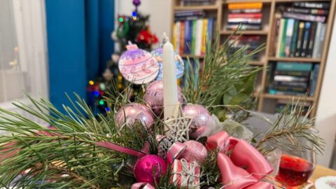 Pink Christmas Centerpiece With Candle And Pine