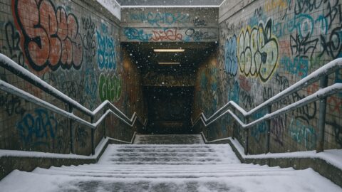 Snow Covered Stairway to Graffiti Tunnel