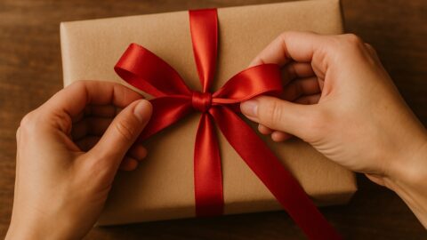 Wrapping Christmas Gift With Red Ribbon