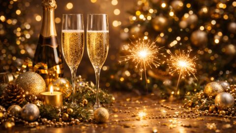 Champagne Glasses with Sparklers and Gold Decorations