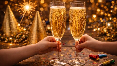 Champagne Toast with Sparklers and Golden Lights