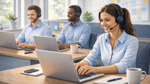 Customer Support Team Working with Headsets
