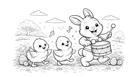 Easter Bunny Parade With Drum Coloring Pages for Kids