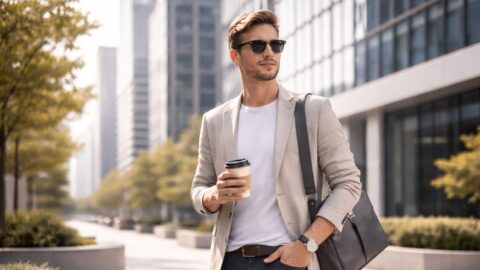 Stylish Man Walking Through Modern City With Coffee