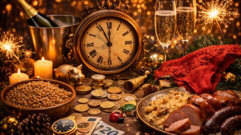 Traditional New Year Table with Champagne and Clock