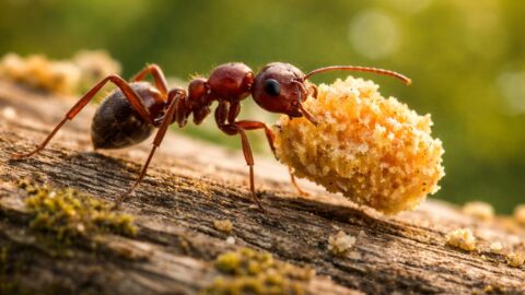 Ant Carrying Crumb on Wooden Surface