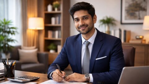Business Professional Reviewing Reports at Office Desk