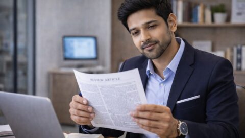 Businessman Reviewing Document at Office Desk