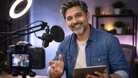 Content Creator Recording Video in Home Studio