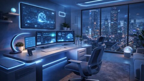 Futuristic Home Office With AI Workstation