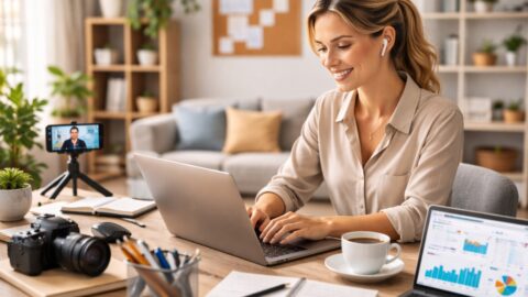 Woman Working From Home With Laptop And Camera