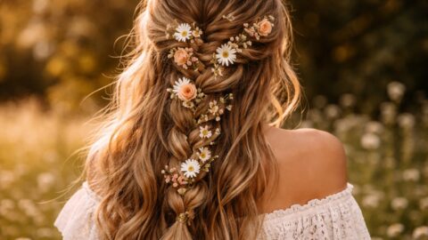 Braided Hair with Flowers in Sunset Light