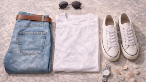 Casual Outfit Flat Lay with Jeans and White Sneakers