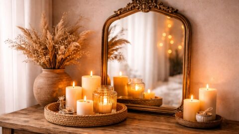 Cozy Candle Arrangement with Mirror and Warm Light