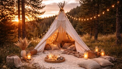 Cozy Outdoor Tent Setup with Lights at Sunset