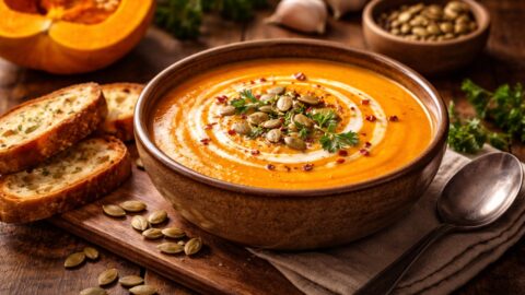 Creamy Pumpkin Soup with Seeds and Toast