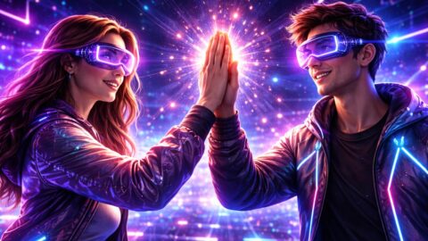 Futuristic Couple High Five in Neon Light