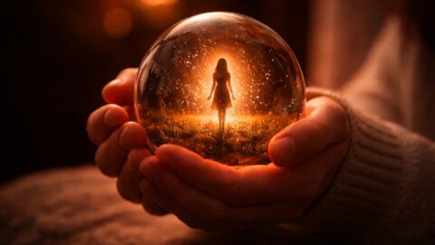 Glowing Figure Inside Glass Sphere