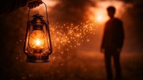 Hand Holding Lantern in Glowing Sunset