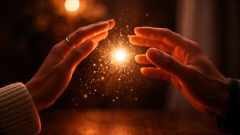 Hands Reaching Toward Glowing Light