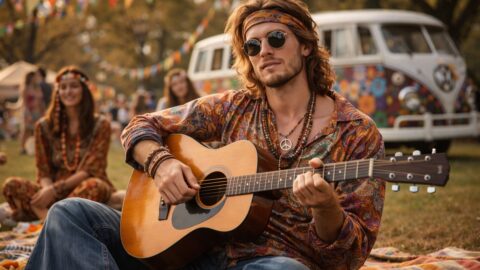 Hippie Guitar Player at Outdoor Festival